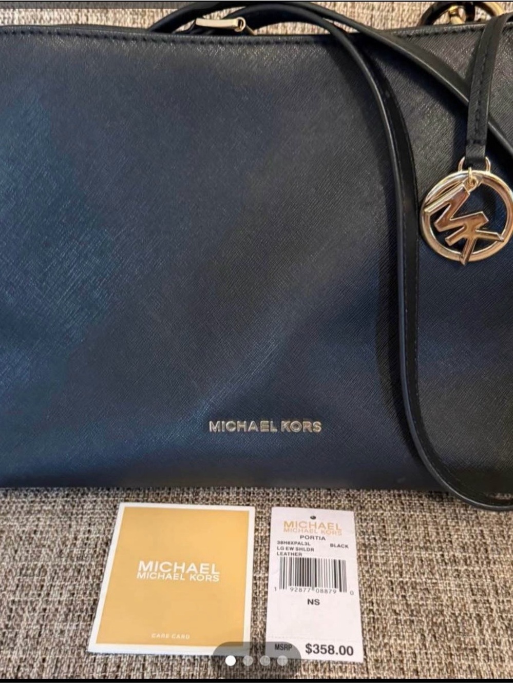 Michael Kors Black Leather Shoulder Bag with Gold Logo Charm